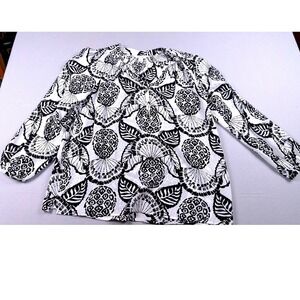 Lilly Pulitzer Elsa Silk Blouse Black White Tropical Pineapple Print Size L